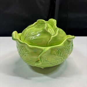 Vintage Holland Mold Ceramic Green Cabbage Easter Bowl with Lid Cookie Jar